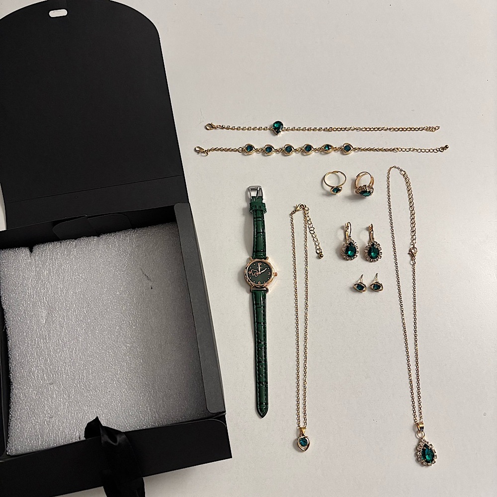 Green and Gold Jewelry and Watch Gift Set with Box